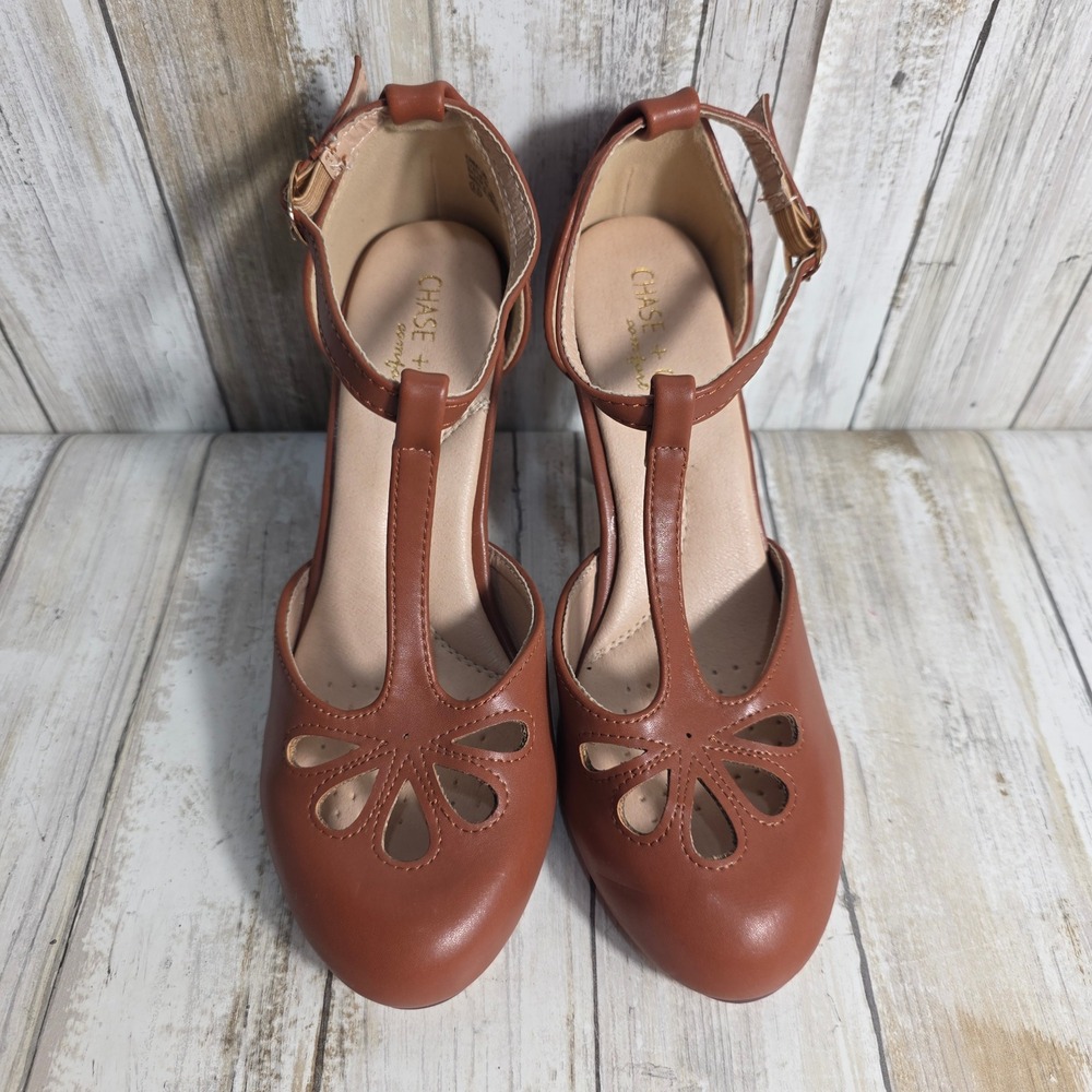 Chase & Chloe Kimmy-36C Brown T-Strap Floral Cutout Pumps Heels Womens 5.5 - Picture 6 of 11